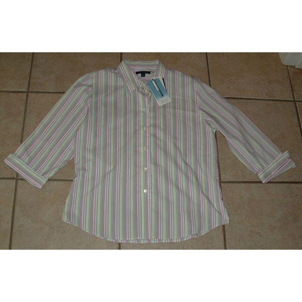 LANDS' END Colorful Striped Sz Medium Button Up Cotton Blend COOL MAX Shirt NEW